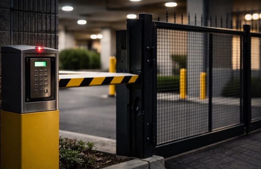 Access control gate keypad and barrier arm at a secured parking entrance