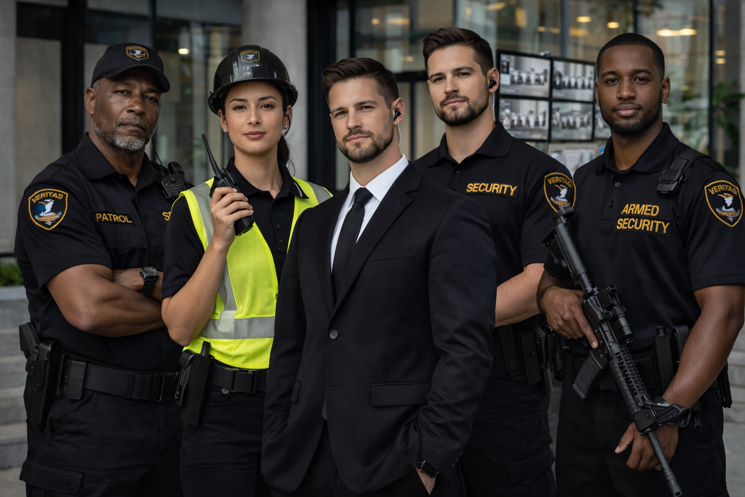 Diverse team of professional security officers wearing Veritas branded uniforms standing together