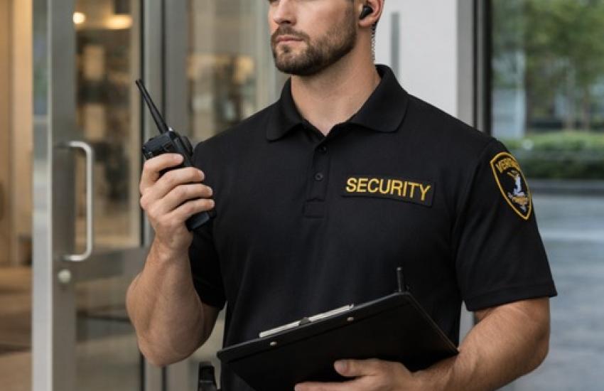 Unarmed security guard holding a radio and clipboard outside a commercial building entrance
